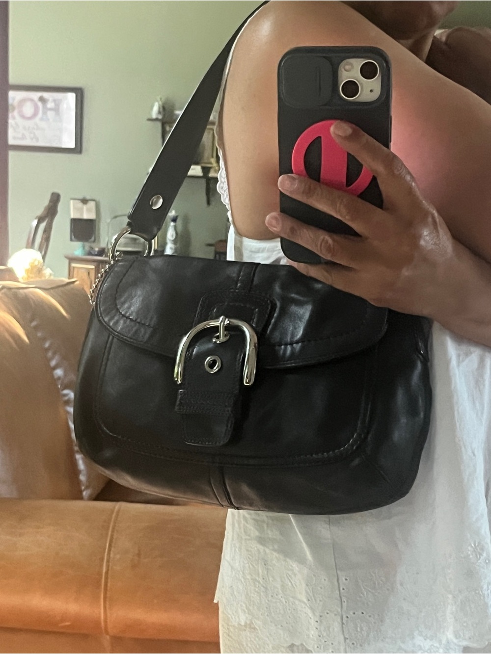 Classic Coach Soho Black Leather Shoulder Bag with Buckle Accent